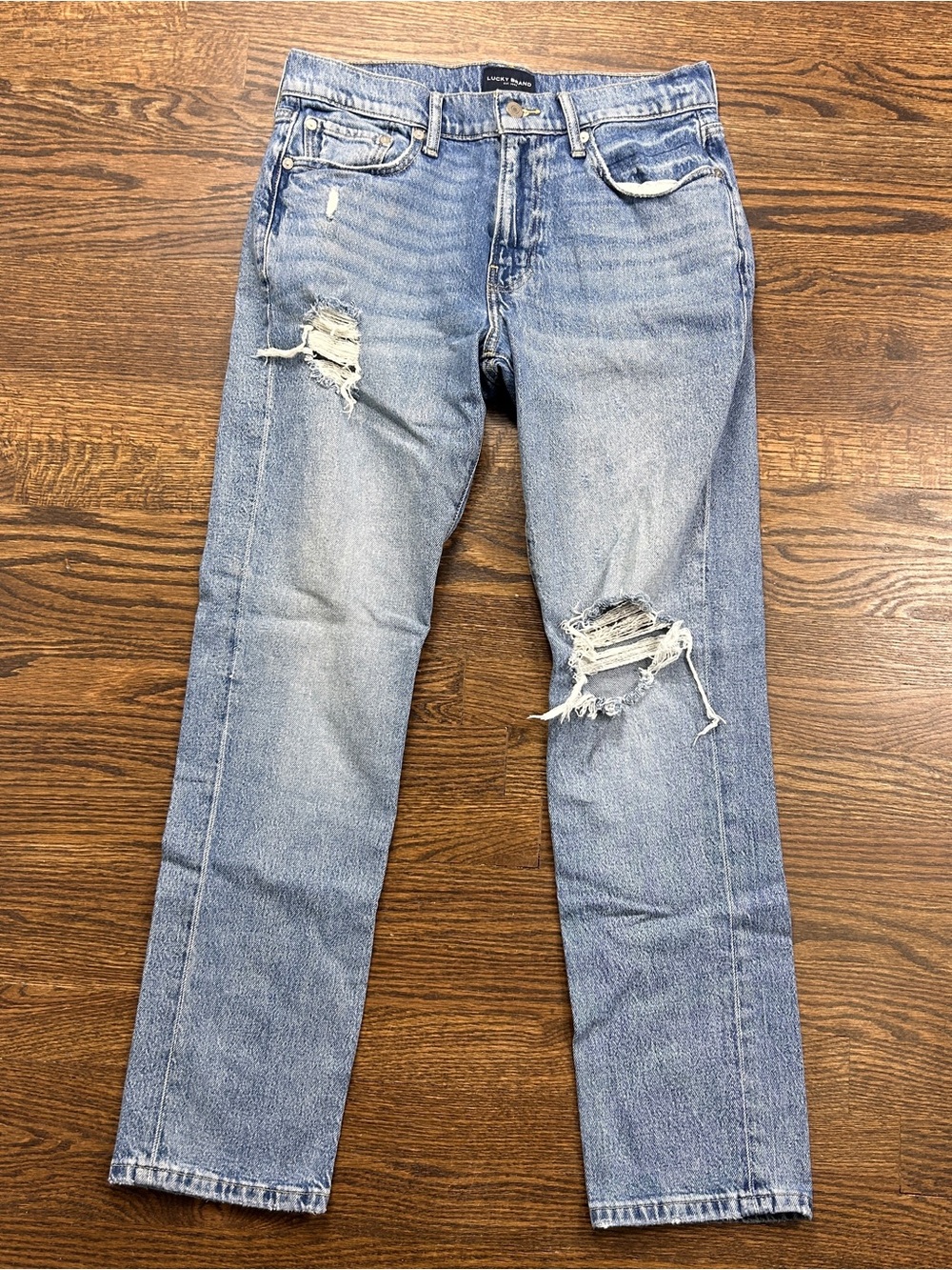 Lucky Brand 410 Jeans Mens 30 x 30 Blue Light Wash Athletic Straight Distressed